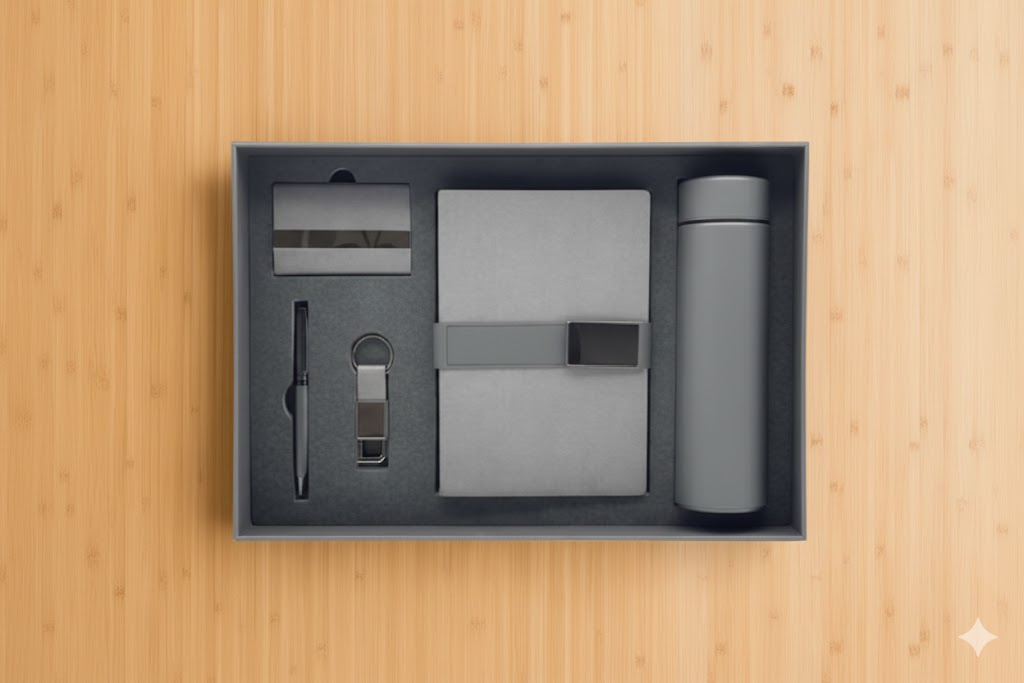 COFFRET (avec styleo, blocnote, porte-clés,  gourde isotherme, porte-cartes) SK2403