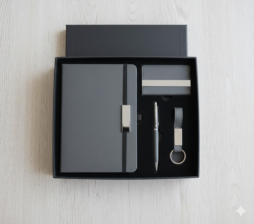 Coffret 4 pièces : Blocnote + Stylo + porte  cartes + porte clés M5724