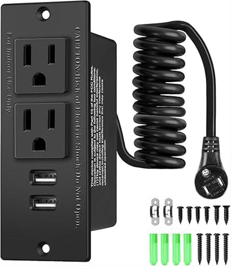 Kit de tomacorrientes para cajón: organice su espacio con dos tomacorrientes de CA de 15 A y puertos USB para baño, dormitorio y cocina. Listado por UL.