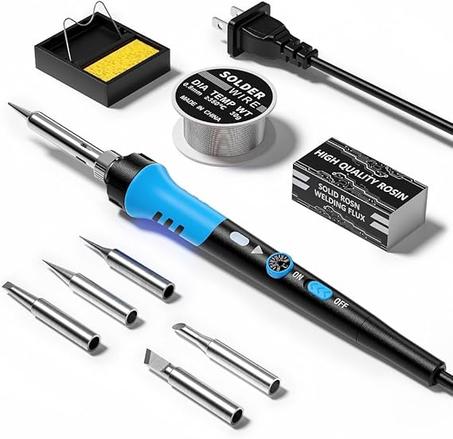 Kit de soldador, pistola de 60 W con calentador cerámico, kit de soldadura 9 en 1, temperatura ajustable de 200 a 450 ℃, puntas de soldador, alambre, soporte para soldar y reparar.