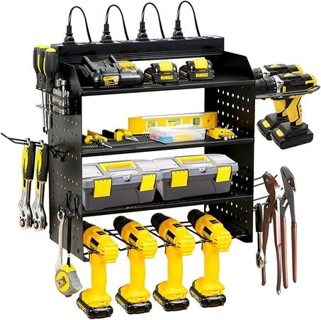 Organizador modular de herramientas eléctricas de pared con estación de carga, 8 tomas de corriente, 4 niveles, 6 portabrocas, 4 ganchos, soporte metálico para taladro de pared, cable de 2 m,