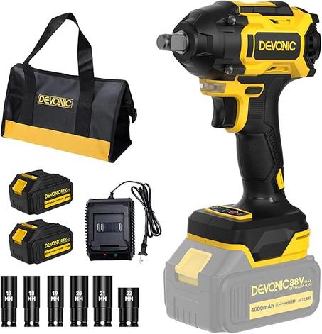 Llave de impacto inalámbrica Devonic, 330 ft-lb (450 N·m), 21 V, sin escobillas, pistola de impacto de alto torque de 2800 RPM con 2 baterías de 4000 mAh y cargador. Llave de impacto eléctric