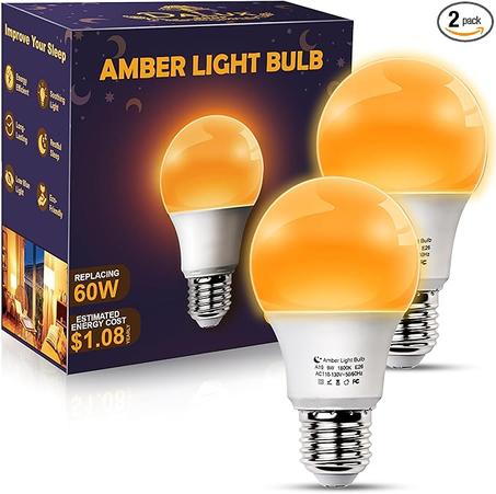 Bombillas ámbar para dormir, bloquean la luz azul, A19, 9 W (equivalente a 60 vatios), luz tenue, bombilla cálida de 1800 K, E26 para un sueño reparador, dormitorio, habitación infantil (paqu