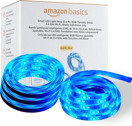 Tira de luces LED inteligente Amazon Basics, 10 metros (2 rollos de 5 metros), RGB + blanco ajustable, compatible solo con Alexa, wifi de 2,4 GHz, no requiere concentrador.