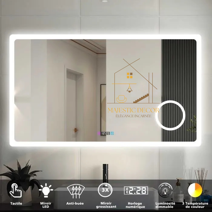 Miroir LED de Salle de Bain 80x60 cm - Éclairage Intelligent, Bluetooth & Grossissement 3X