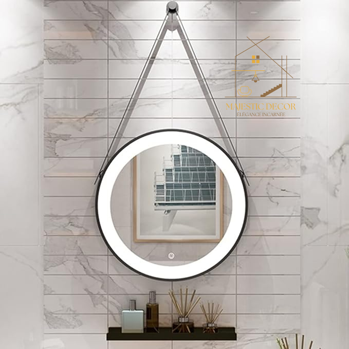 Miroir LED Rond 60x60 cm / 70x70 cm Avec Sangle - Éclairage Tactile & Anti-Buée, Cadre Métal Noir