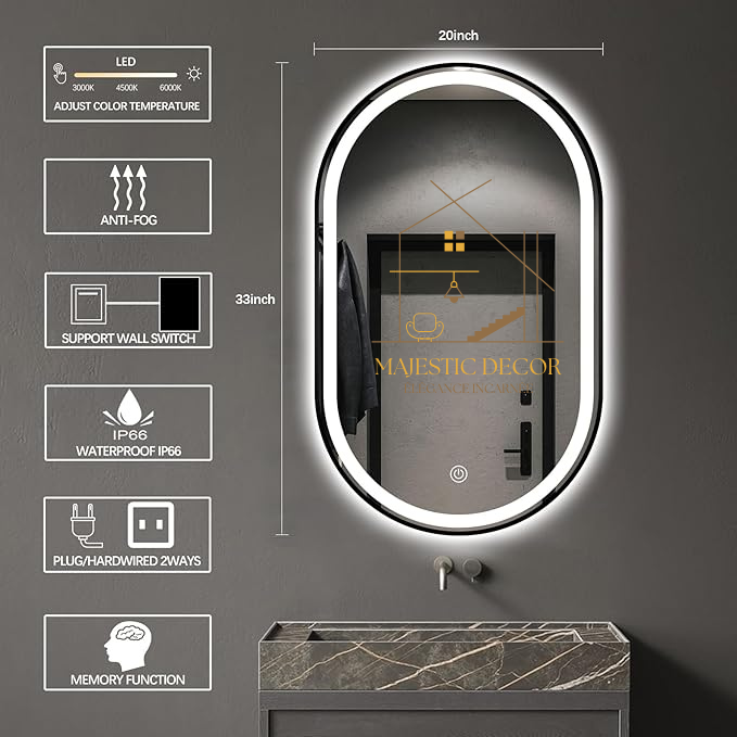 Miroir Ovale LED 80x60 cm - Éclairage 3 Couleurs & Anti-Buée