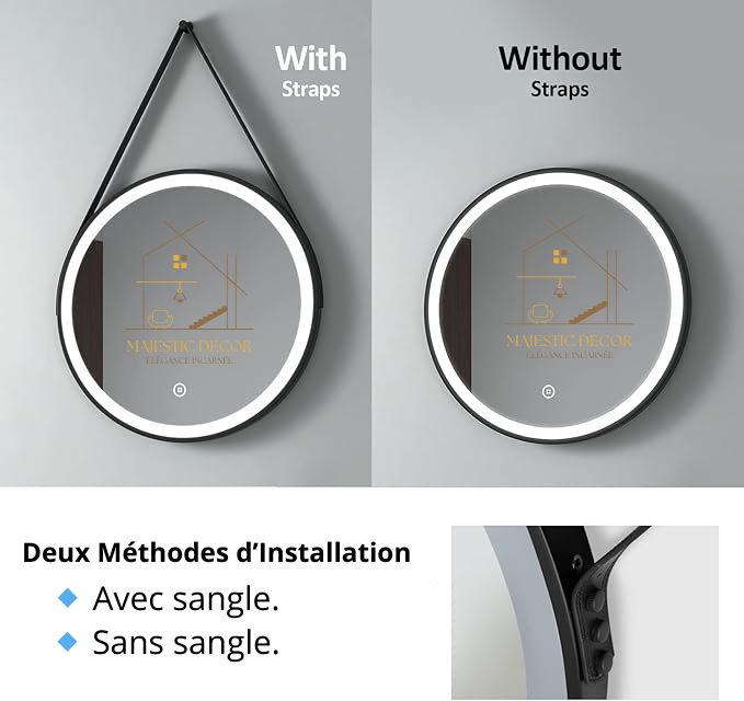 Miroir LED Rond 60x60 cm / 70x70 cm Avec Sangle - Éclairage Tactile & Anti-Buée, Cadre Métal Noir
