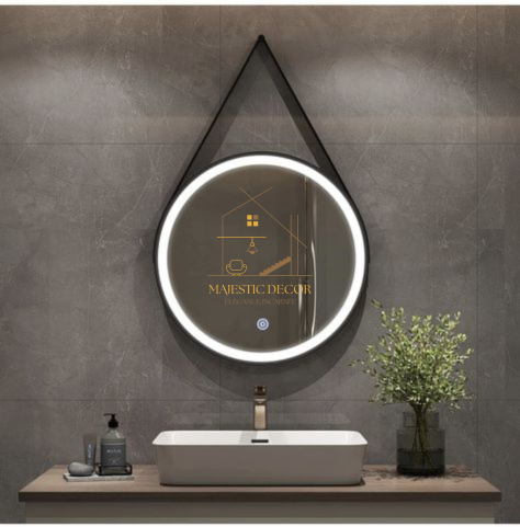 Miroir LED Rond 60x60 cm / 70x70 cm Avec Sangle - Éclairage Tactile & Anti-Buée, Cadre Métal Noir