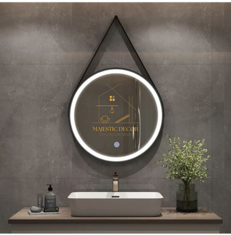 Miroir LED Rond 60x60 cm / 70x70 cm Avec Sangle - Éclairage Tactile & Anti-Buée, Cadre Métal Noir
