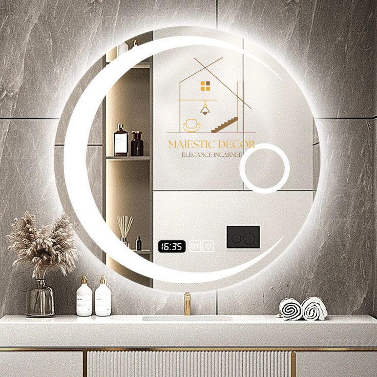 Miroir LED Lune 60x60 cm - Éclairage Artistique, Anti-Buée & Affichage Digital