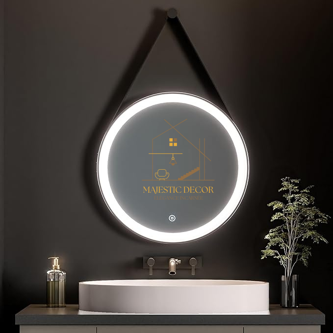 Miroir LED Rond 60x60 cm / 70x70 cm Avec Sangle - Éclairage Tactile & Anti-Buée, Cadre Métal Noir
