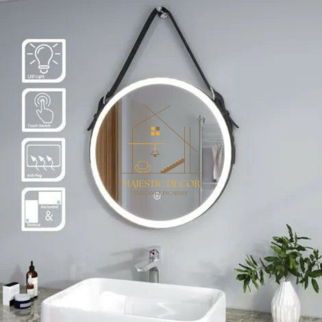 Miroir LED Rond 60x60 cm / 70x70 cm Avec Sangle - Éclairage Tactile & Anti-Buée, Cadre Métal Noir