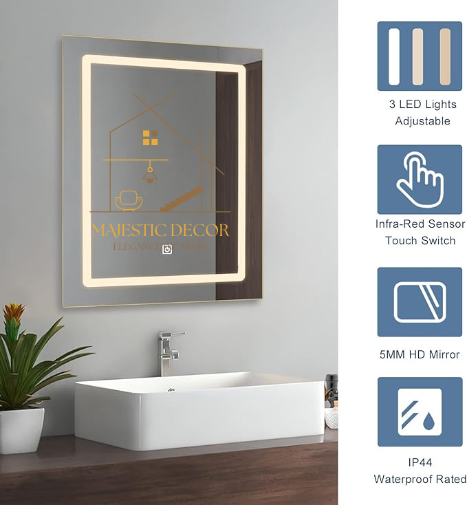 Miroir LED Rectangulaire 60x80 cm - Anti-Buée, Éclairage Réglable