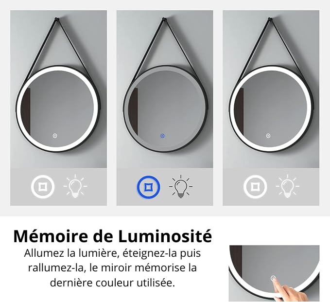 Miroir LED Rond 60x60 cm / 70x70 cm Avec Sangle - Éclairage Tactile & Anti-Buée, Cadre Métal Noir