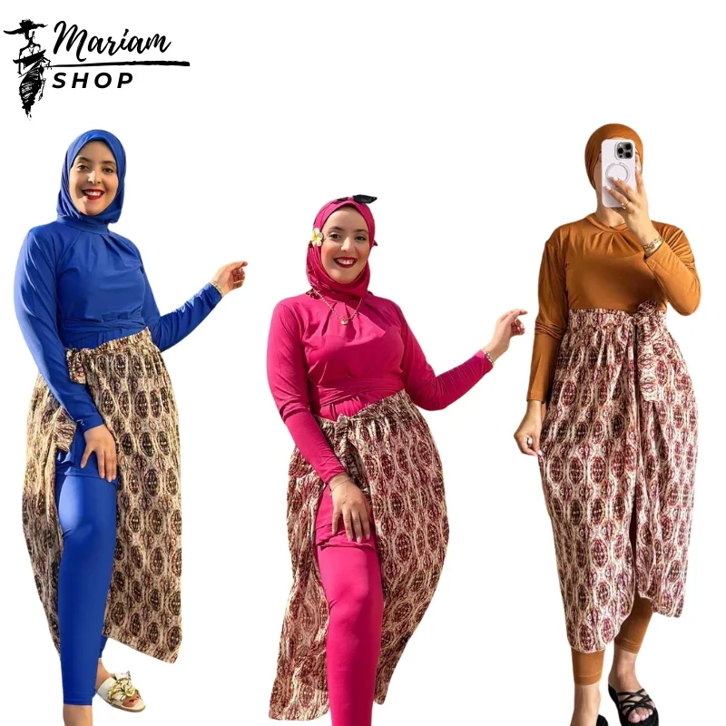 Burkini 5 pièces Colone Robe Bonnet Hijab Cache maillot Tissu polyamid