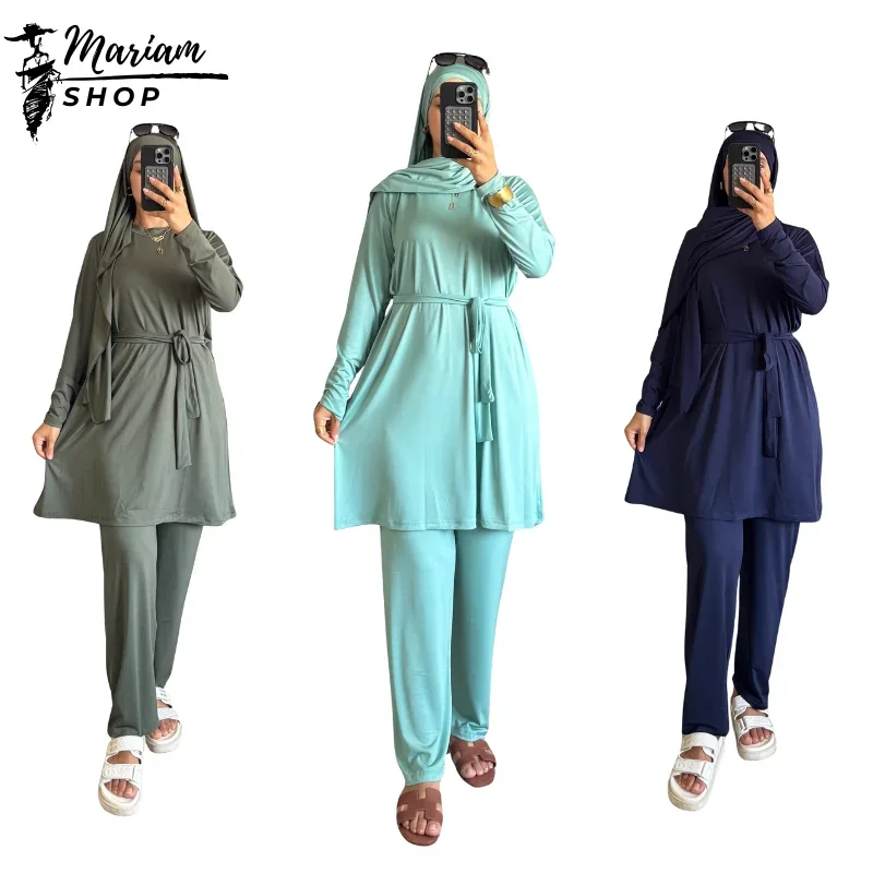 Burkini 5 pièces Bonnet Chal iranien Pantalon Robe Ceinture