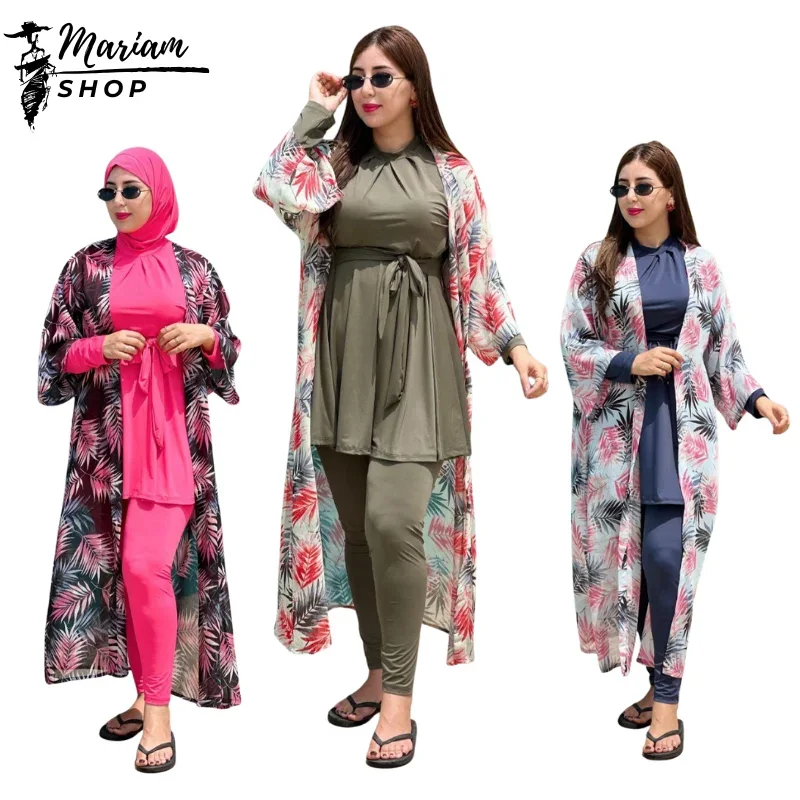 Burkini 4 pièces Hijab Colone Robe avec ceinture Cache cumono