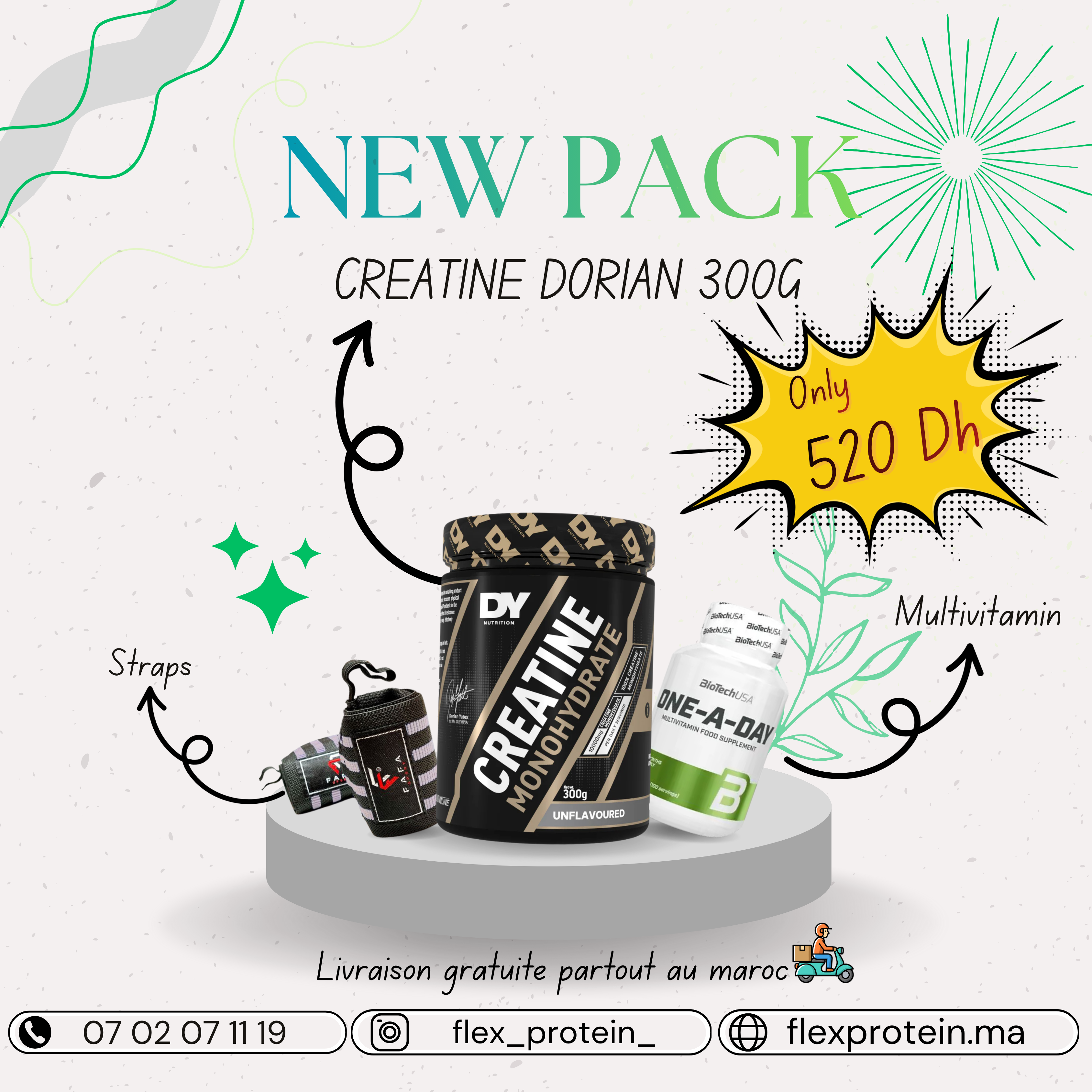CREATINE DORIAN 300G + MULTIVITAMIN + STRAPS