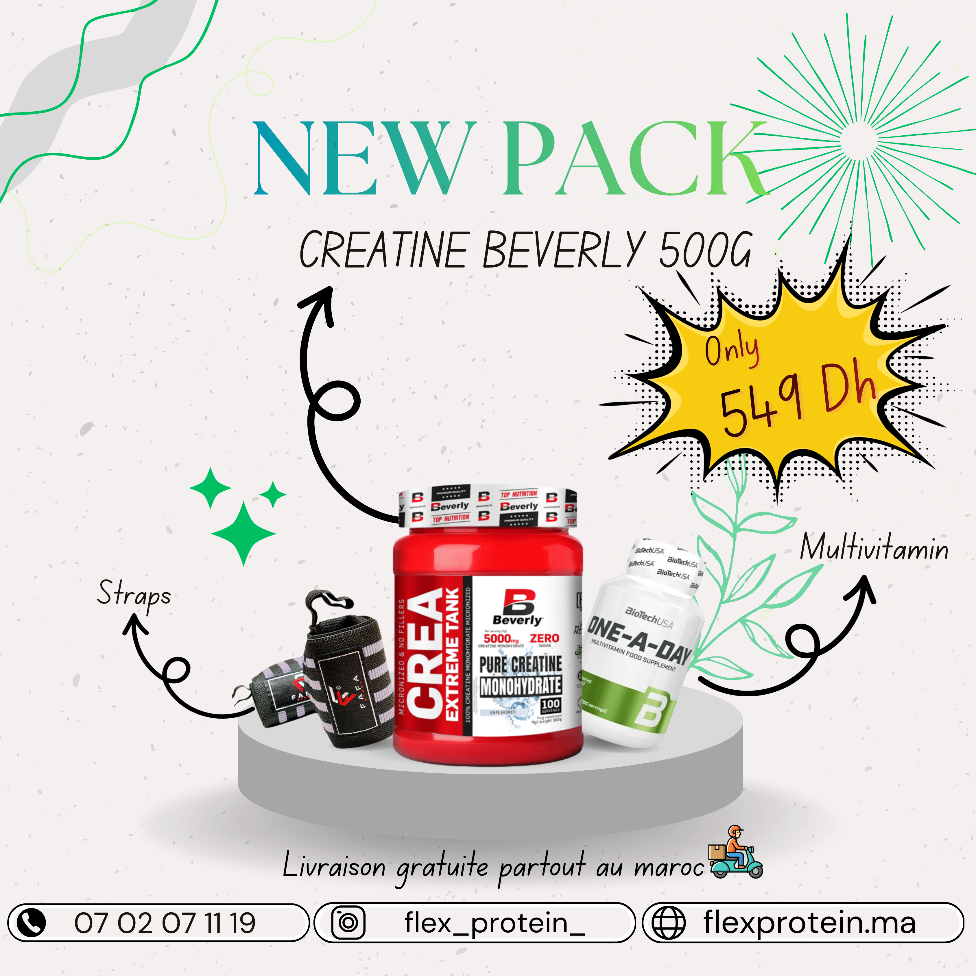 CREATINE BEVERLY 500G + MULTIVITAMIN + STRAPS