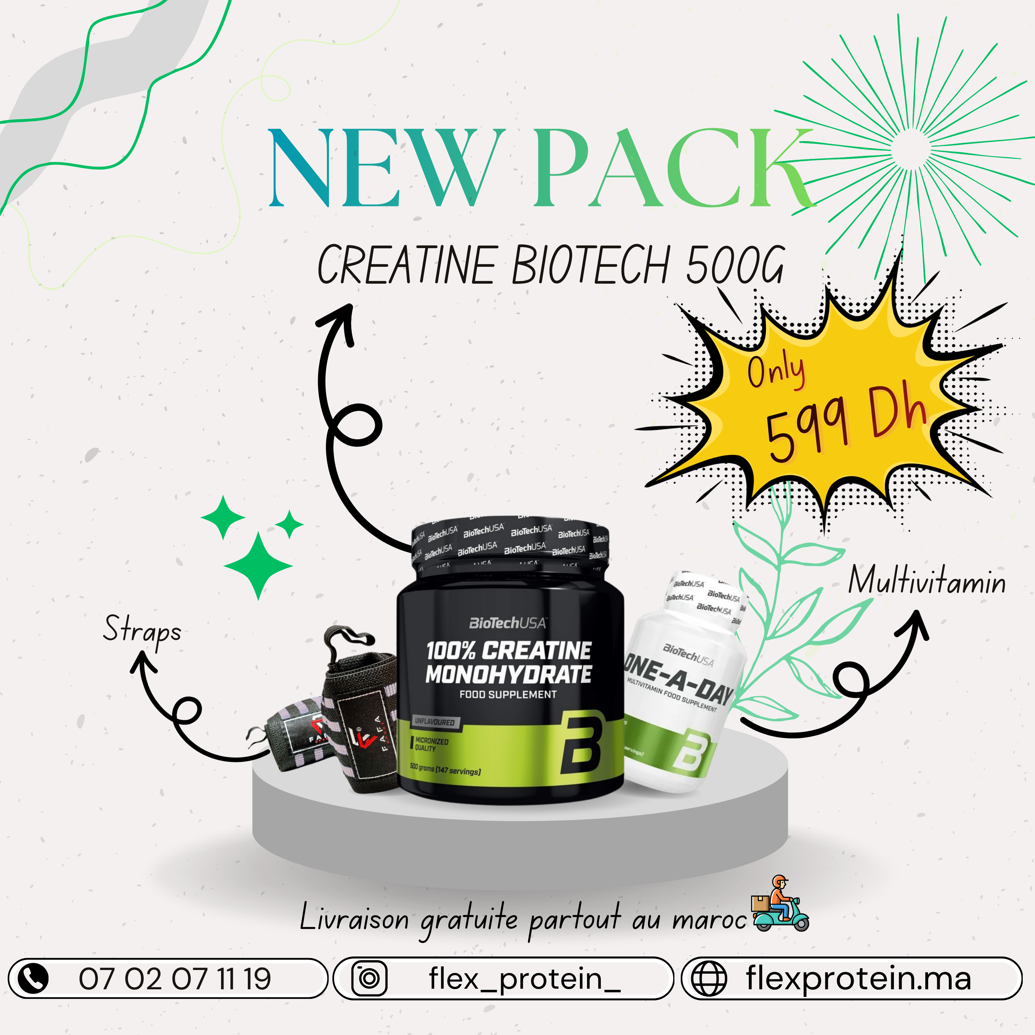 CREATINE BIOTECH 500G + MULTIVITAMIN + STRAPS