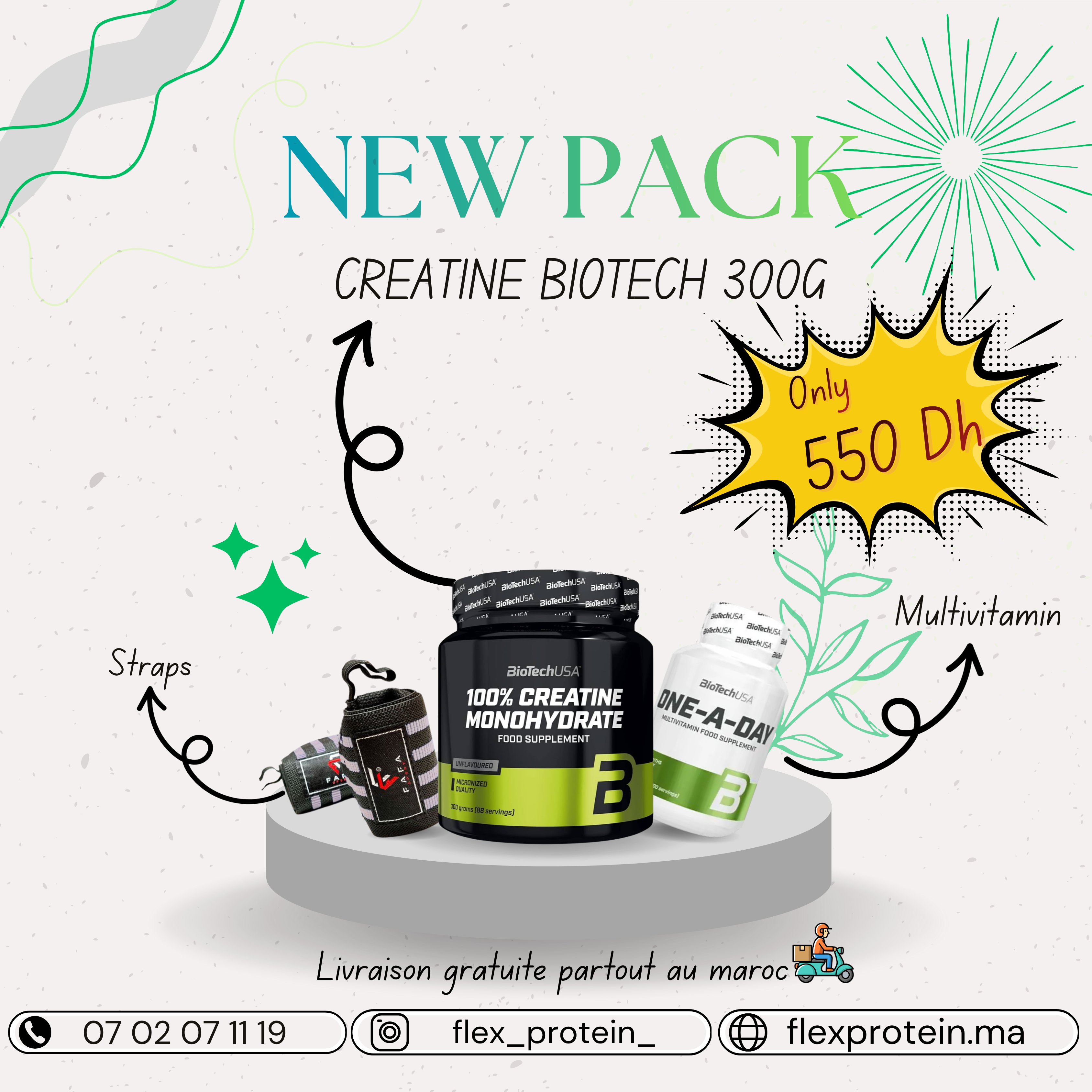 CREATINE BIOTECH 300G + MULTIVITAMIN + STRAPS