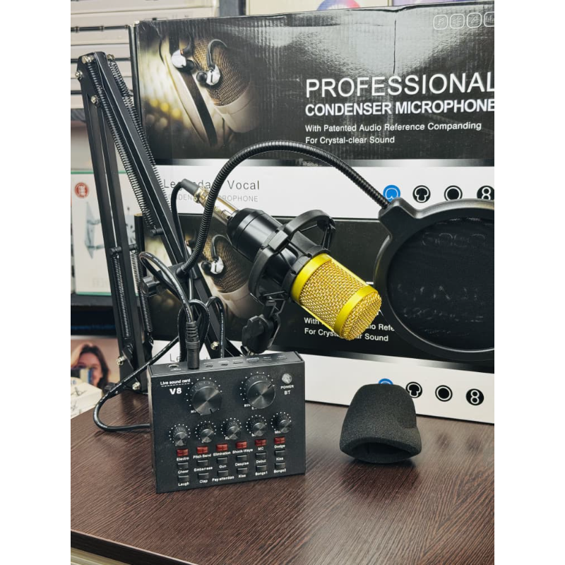 🎙️ Micro Studio, Micro à Condensateur Professionnel + Carte Son V8