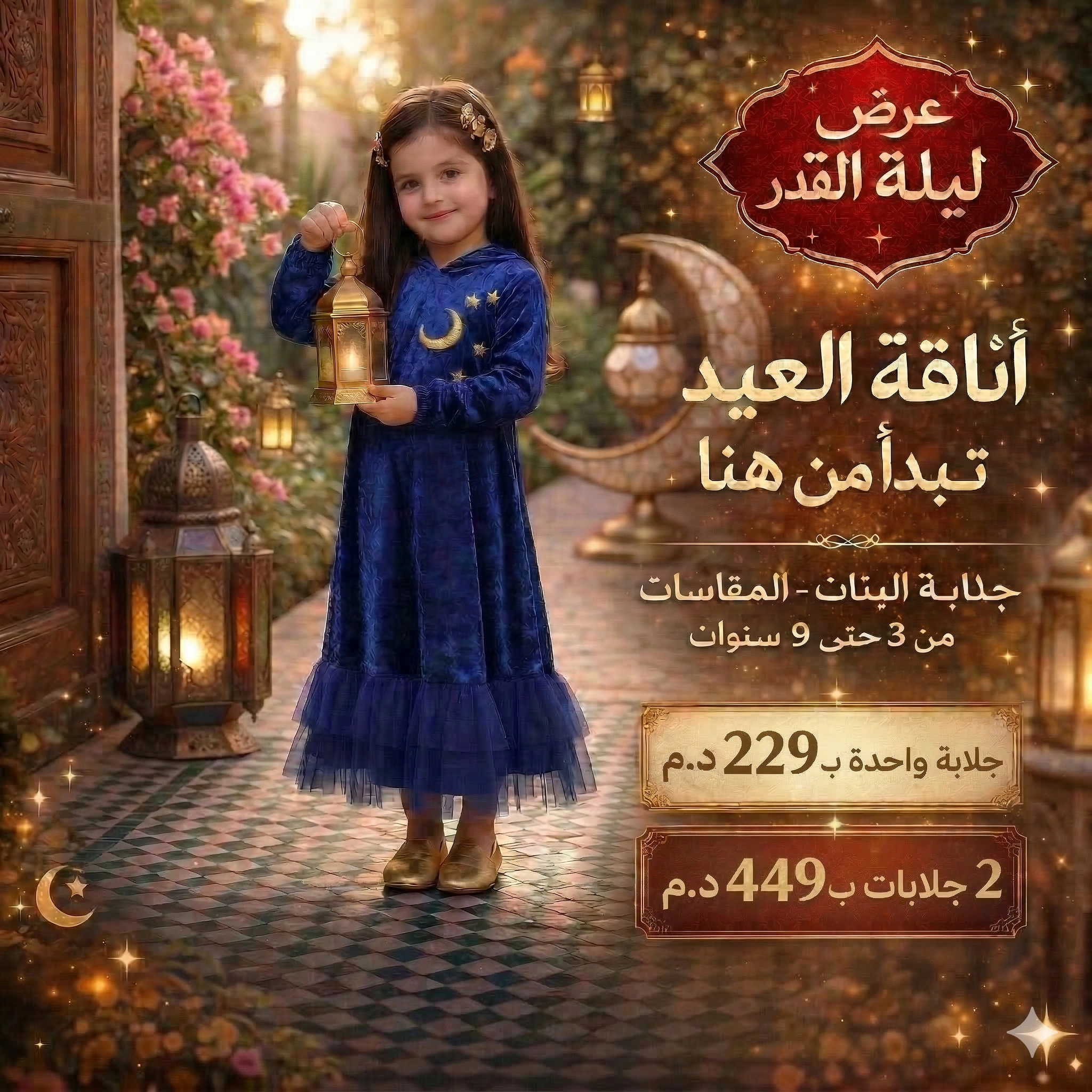 🌙جلابة مغربية بالموبرة فاخرة للبنات بلمسة ذهبية  فالعيد👑