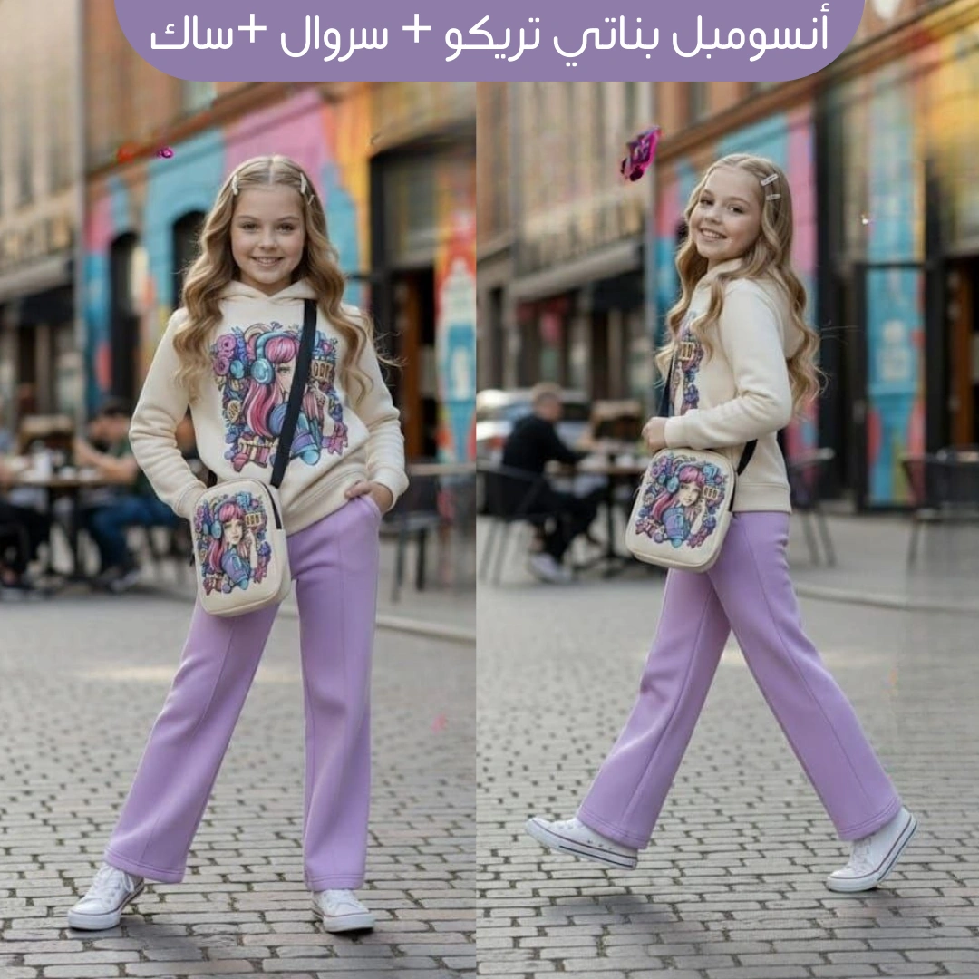 أنسومبل بناتي🌸 مستورد  3 بياس  (تريكو، سروال، ساك ) - لمسة راقية طول اليوم 😍