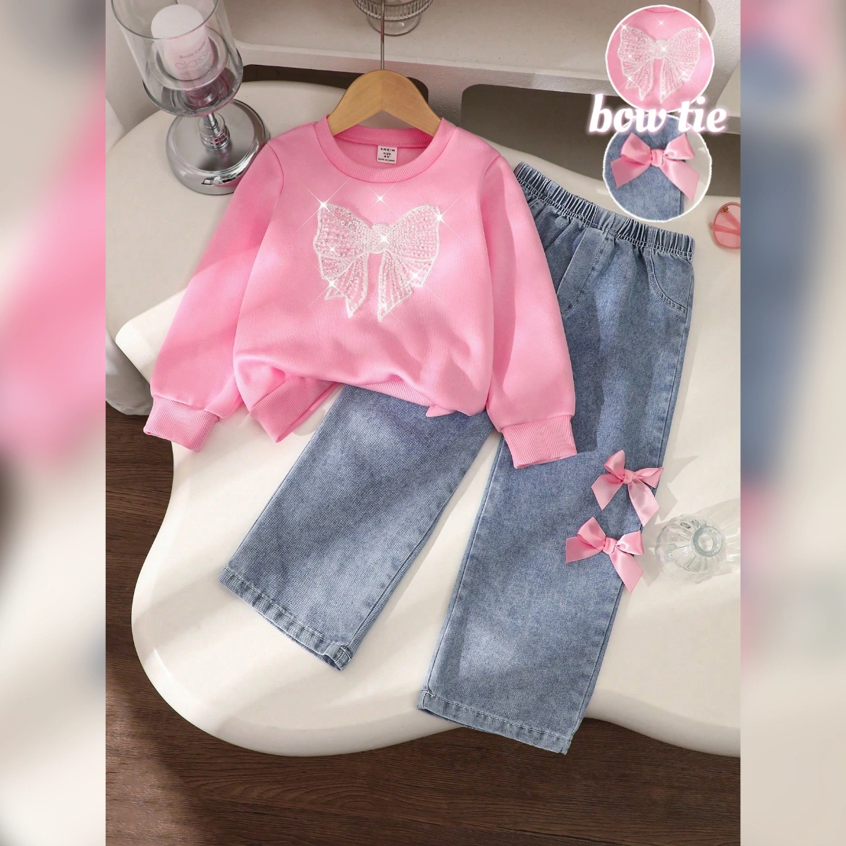 🌸 أنسومبل بناتي عصري (تريكو وردي + سروال جينز) 🌸