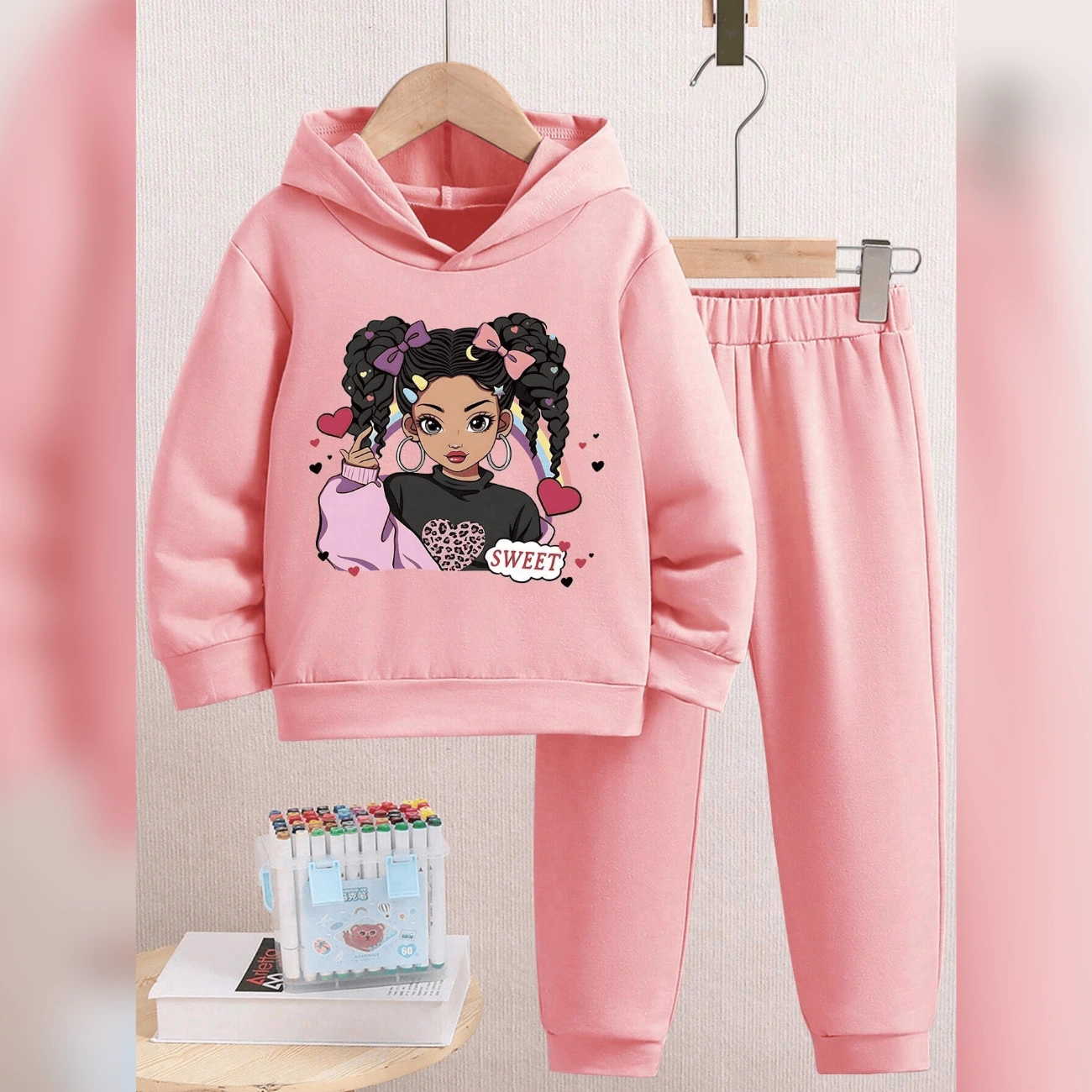 🌸 أنسومبل بناتي عصري (تريكو وردي + سروال مونطوني) 🌸