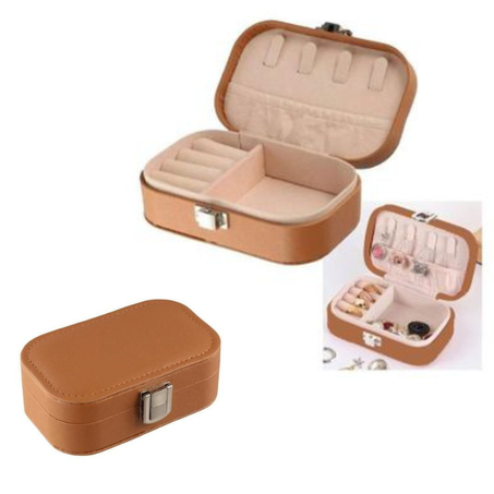 Boîte à bijoux Macaron en cuir, vitrine portable, double couche, bouton pression, bague, boucles d'oreilles, collier. couleur marron