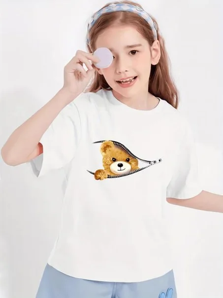 T-shirt à imprimé ours , haut décontracté à manches courtes pour le printemps et l'été