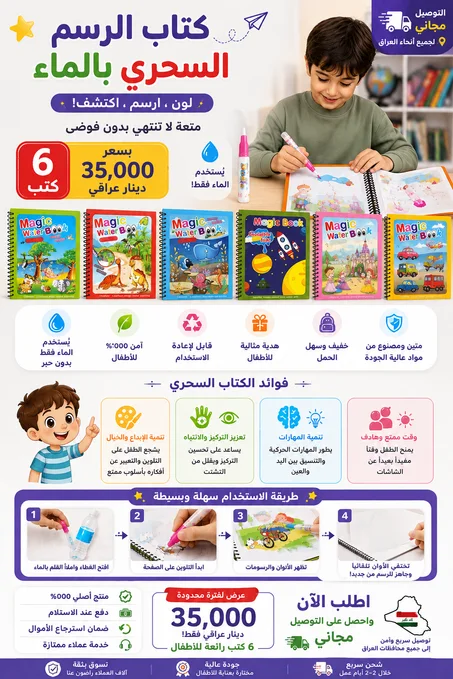 عرض خاص 🎨 كتاب التلوين السحري بالقلم المائي 😍  استفد من 6 كتب بسعر 29 الـــف 😍 والتوصيل مجاني 😍 ✅