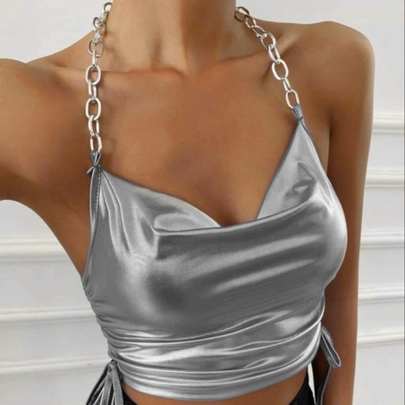Top argent dos nu métallique drapé et décontracté