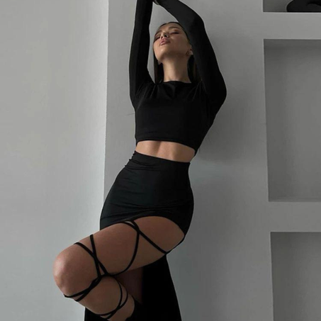 Ensemble 2 pièces bandage amissié pour femme, haut court sexy et jupe longue