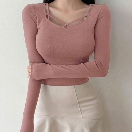 Top décontracté à manches longues et col en cœur