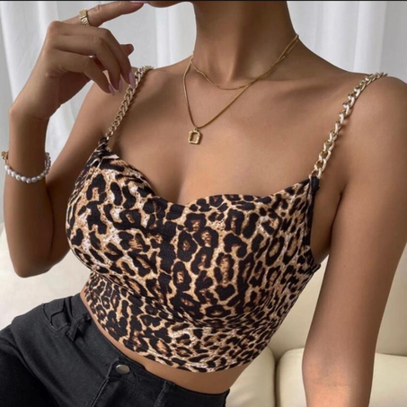 Top court débardeur à imprimé léopard avec bretelles à chaîne