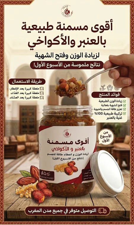 🌿 أقوى مسمنة طبيعية بالعنبر والأكواخي