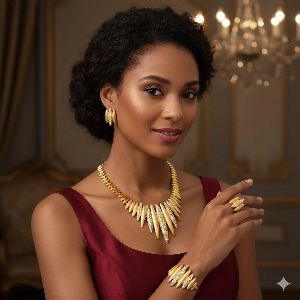 Parure Luxe Dorée avec Cristaux Étincelants – Ensemble 4 Pièces Élégant