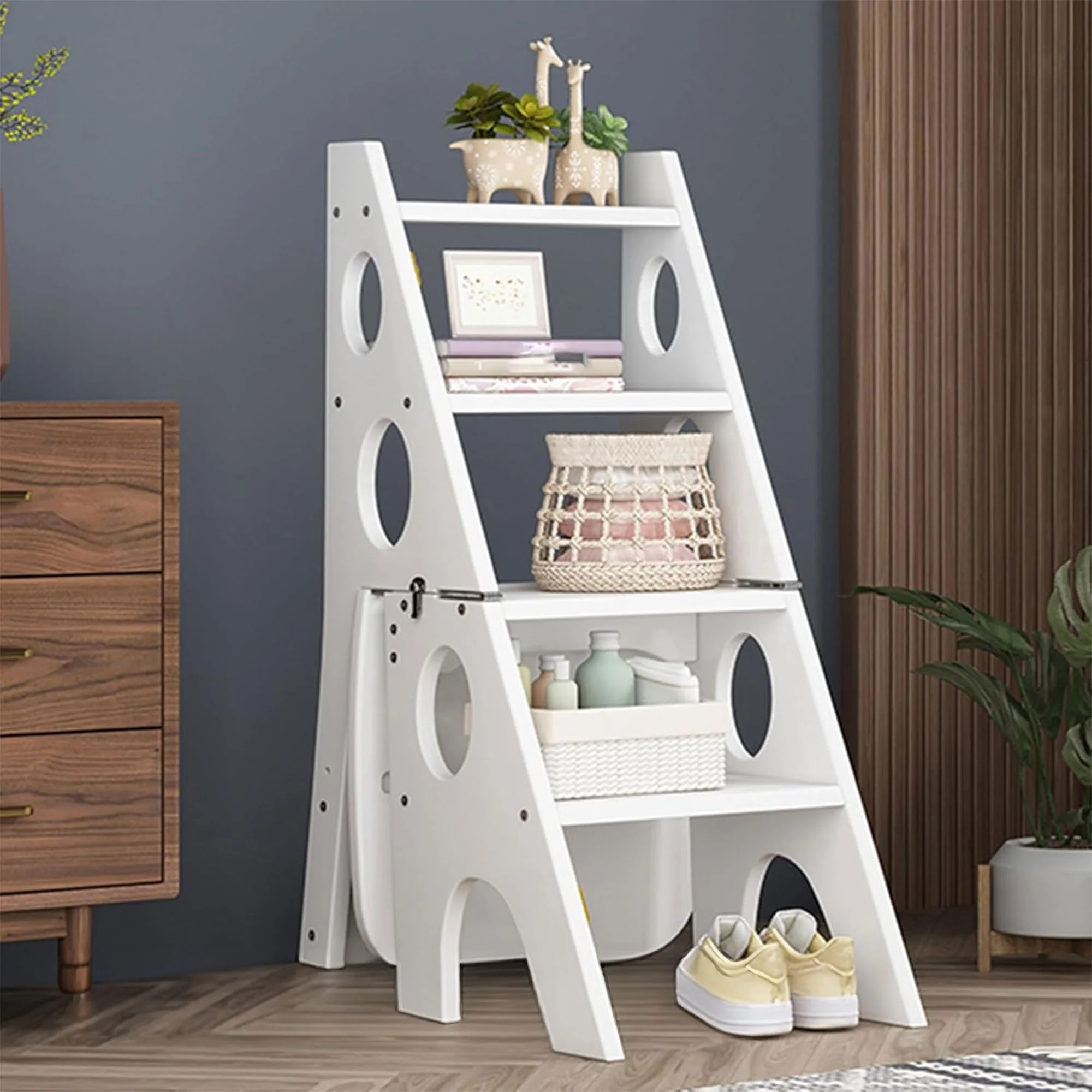 كرسي سلم خشبي قابل للطي 3 في 1