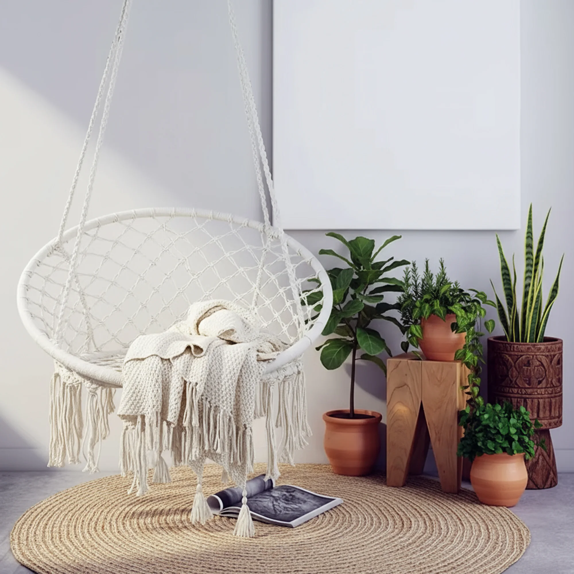 كرسي أرجوحة بوهيمي للاسترخاء | راحة وأناقة في بيتك – توصيل داخل السعودية | دائري معلق يتحمل اكثر من ١٢٠ كيلو