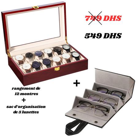 صندوق 12 ساعة خشب أحمر + علبة نظارات جلد هدية