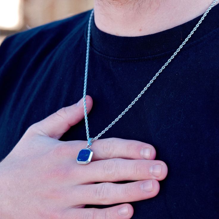 Chaîne en Argent 925 avec Pendentif en Pierre Bleue pour Homme – Élégance et Distinction
