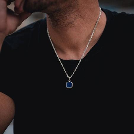 Chaîne en Argent 925 avec Pendentif en Pierre Bleue pour Homme – Élégance et Distinction