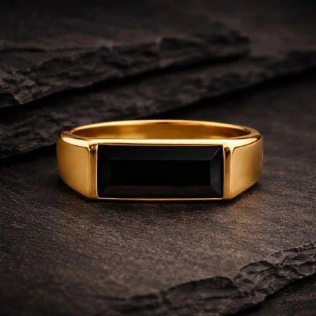 Bague en Cuivre avec Pierre Noire Rectangulaire