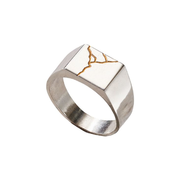 Bague en Argent 925 Pur Carrée, Très Chic avec Gravure et Détail Doré