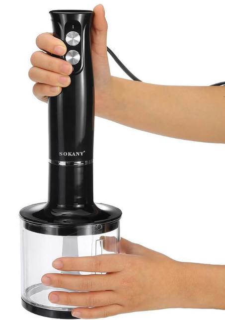 خلاط يدوي غاطس 4 في 1 متعدد الوظائف بسرعتين مختلفتين من الستانلس ستيل بقدرة 500 واط مع مضرب بيض ووعاء تقطيع وكوب قياس مثالي للسموذي وطعام الاطفال المهروس من بيبيسك، أسود