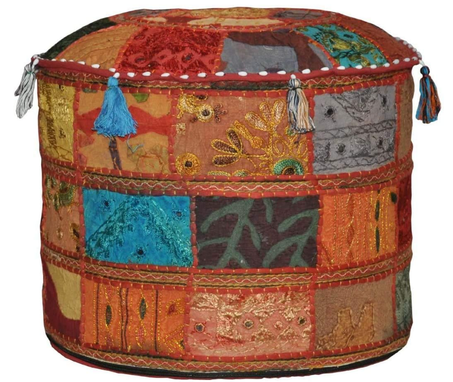 غطاء هندي مطرز برقع من صوفيا ارت، بوف هندي مزخرف مريح للارضيات من القطن، وسادة عثمانية، تصاميم هندية مرقعة عرقية (تغيير، 14 انش × 22 انش)