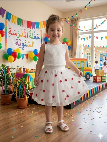 ✨ فستان طفولي أنيق باللون الأبيض مزين بنقاط حمراء جذابة، يجمع بين الراحة والأناقة ليمنح صغيرتك إطلالة ساحرة في الحفلات والمناسبات الخاصة. 👗❤️🌸
